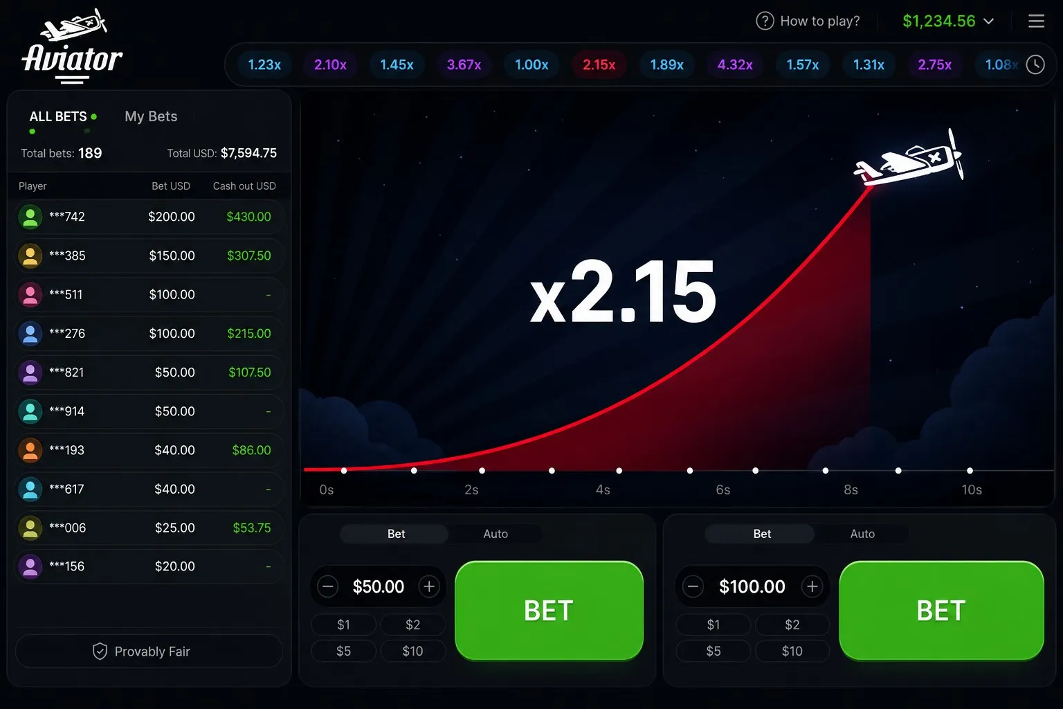 Placing an Aviator bet with two-stake control
